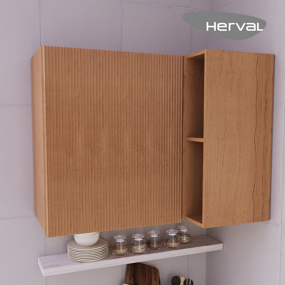 Armário Aéreo de Canto de Cozinha Herval Denver, 1 Porta, Freijó Rocks Ripado, 92 cm Armário Aéreo de Canto de Cozinha Herval Denver, 1 Porta, Freijó Rocks Ripado, 92 cm