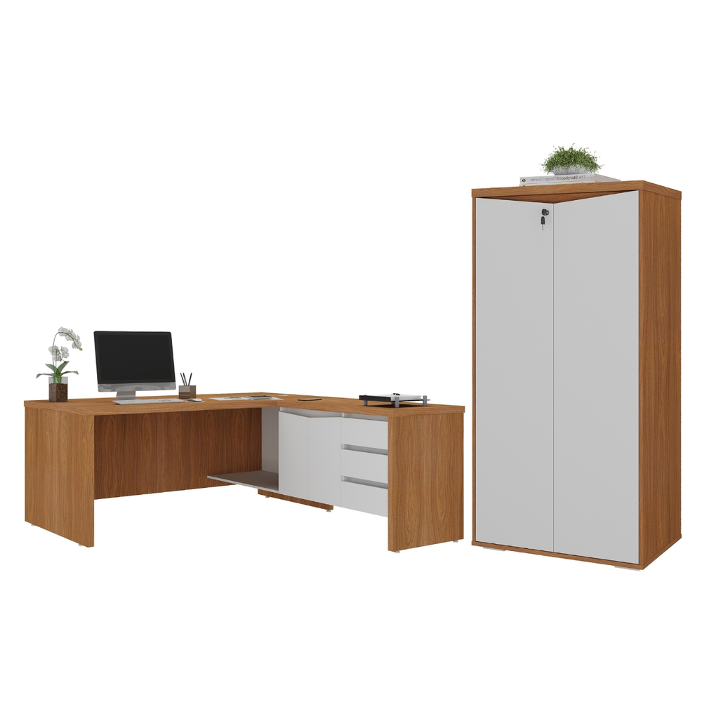 Mesa em L com Armário 2 Portas Manaus Freijó Branco Mesa em L com Armário 2 Portas Manaus Freijó Branco