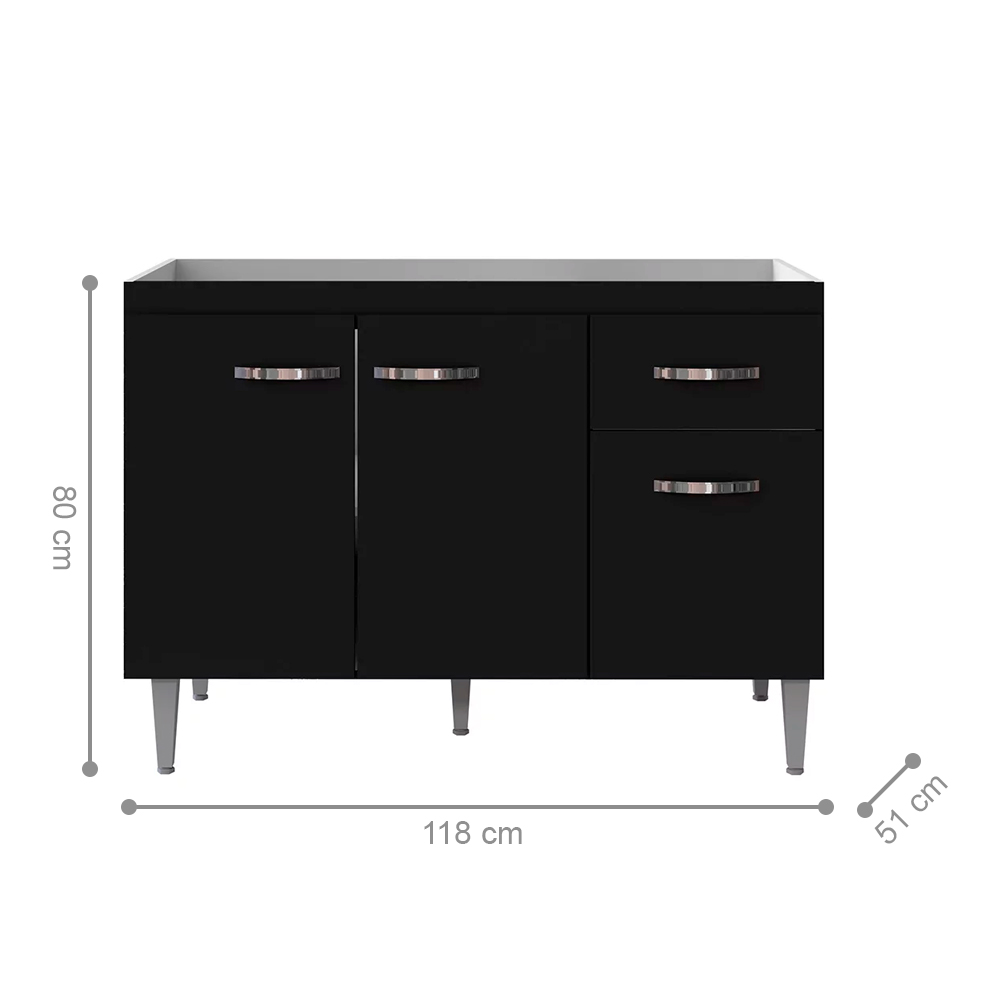 Balcão de Cozinha 3 Portas Cheltenham Preto Fosco Balcão de Cozinha 3 Portas Cheltenham Preto Fosco