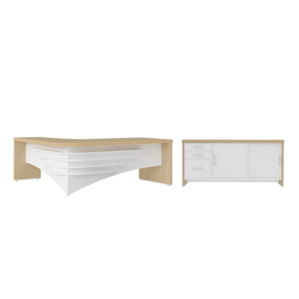 Conjunto Mesa Executiva e Balcão Wycombe Carvalho Branco Conjunto Mesa Executiva e Balcão Wycombe Carvalho Branco