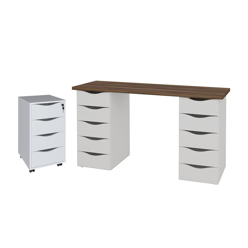 Conjunto Escrivaninha e Gaveteiro Huddersfield Nogal Branco Conjunto Escrivaninha e Gaveteiro Huddersfield Nogal Branco