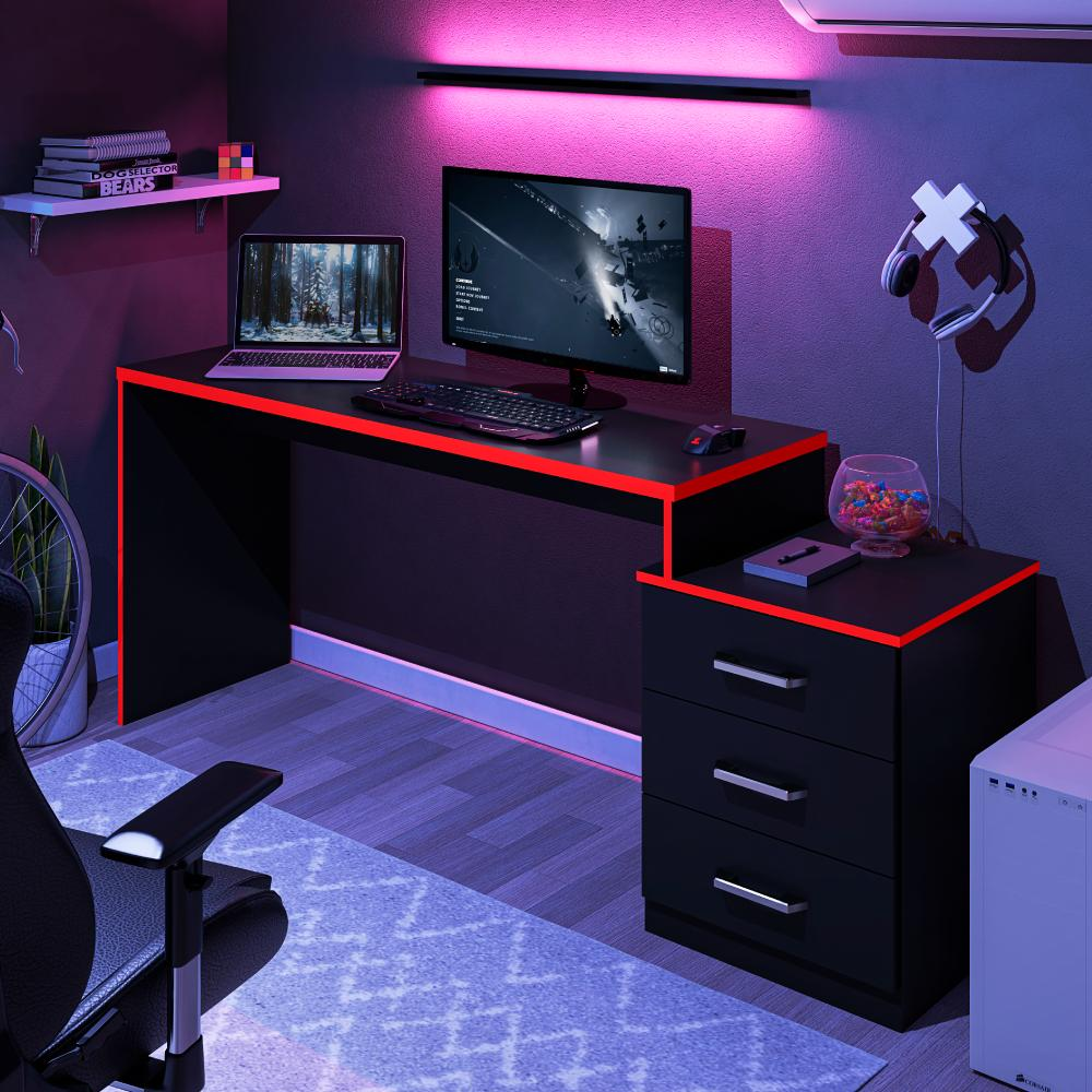 Mesa para Computador com 3 Gavetas Vijay Preto Vrermelho Mesa para Computador com 3 Gavetas Vijay Preto Vrermelho