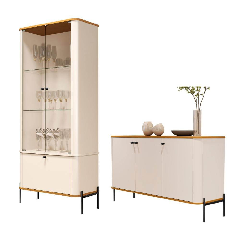 Conjunto Buffet e Cristaleira Rouxinol Off White Nature Preto Conjunto Buffet e Cristaleira Rouxinol Off White Nature Preto