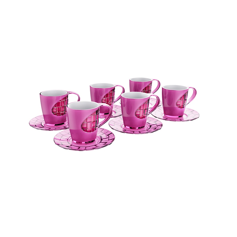 Conjunto 12 Peças - 6 Canecas 250ml com 6 Pires Trama Rosa Conjunto 12 Peças - 6 Canecas 250ml com 6 Pires Trama Rosa