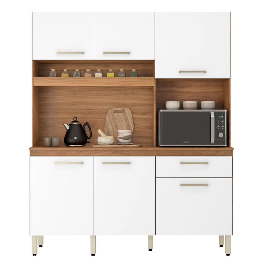 Kit Cozinha Compacta 6 Portas 1 Gaveta Alano Amendola/Branco Kit Cozinha Compacta 6 Portas 1 Gaveta Alano Amendola/Branco