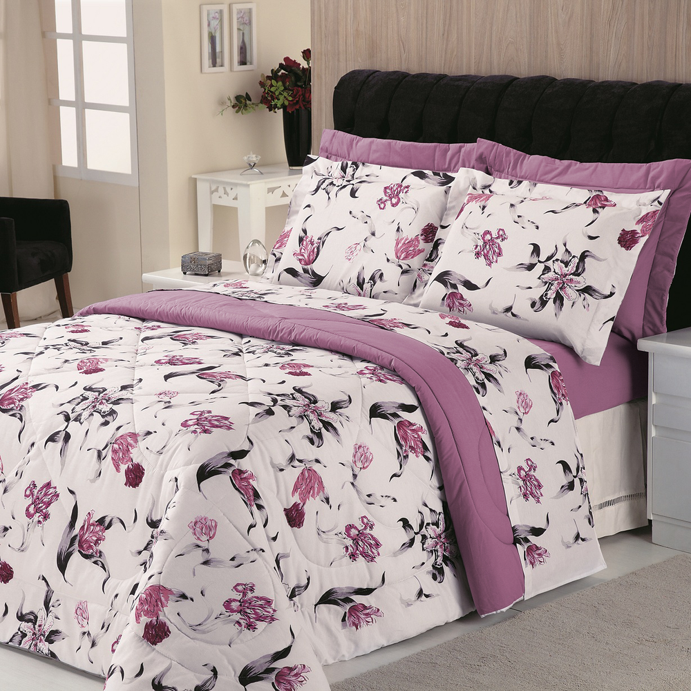 Jogo de Cama Queen Sortido Fio Misto Flores Roxo com Lilás Jogo de Cama Queen Sortido Fio Misto Flores Roxo com Lilás