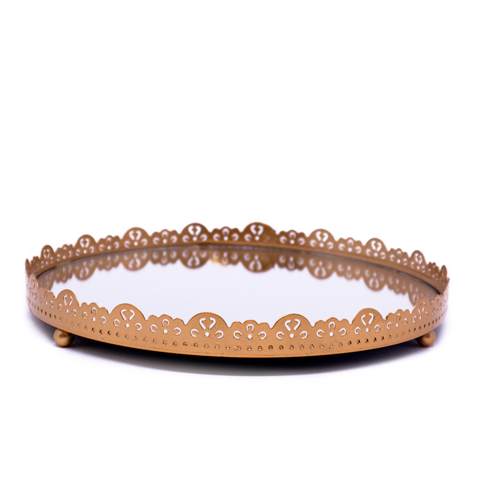Bandeja Decorativa Redonda Em Metal Flor Rosê com Espelho 2x22x22 cm - D'Rossi Bandeja Decorativa Redonda Em Metal Flor Rosê com Espelho 2x22x22 cm - D'Rossi