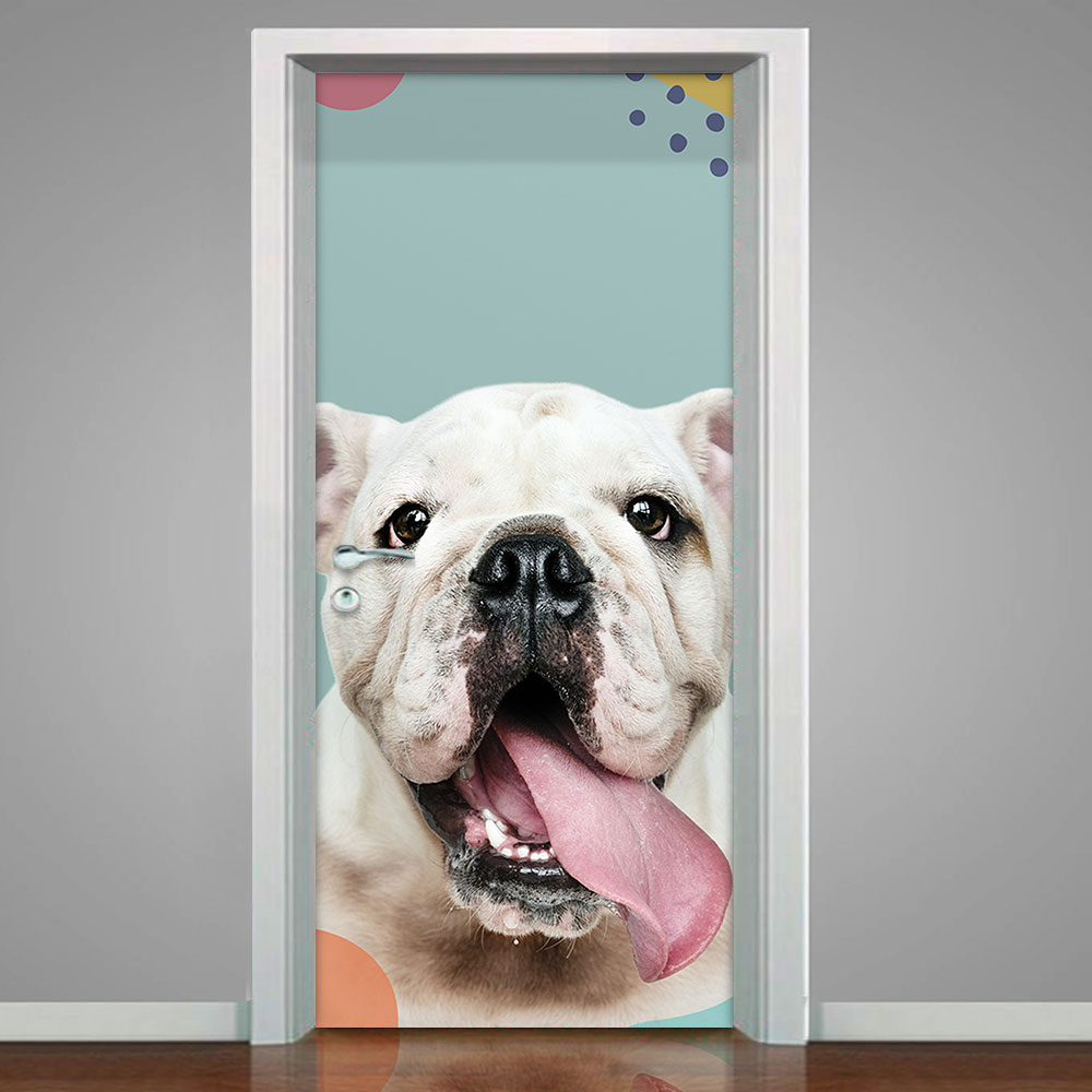 Adesivo de Porta Pet Shop Cachorro Bulldog Fundo Azul com Detalhes-63X210Cm Adesivo de Porta Pet Shop Cachorro Bulldog Fundo Azul com Detalhes-63X210Cm
