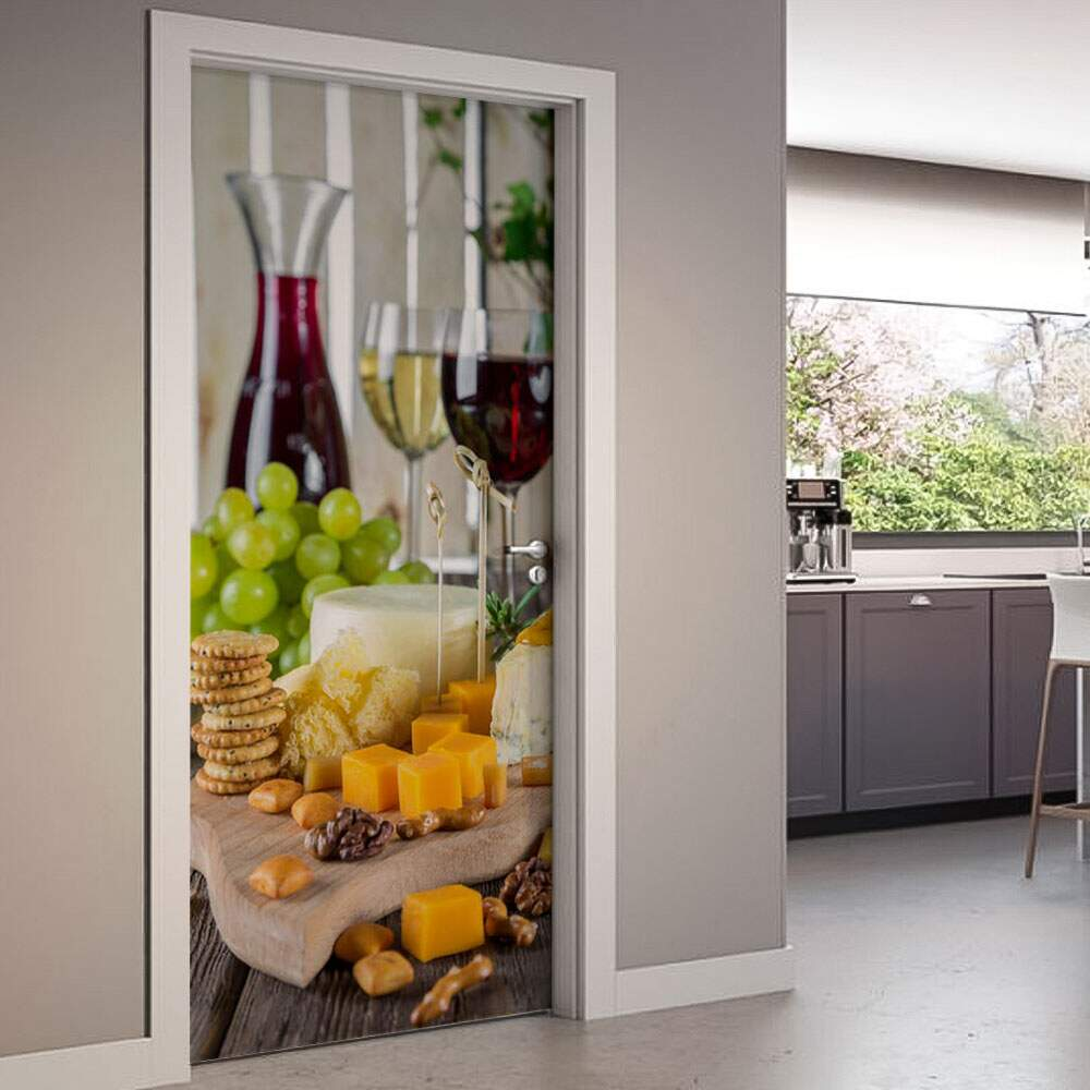 Adesivo de Porta Copo de Vinho com Uvas e Queijos-73X210Cm Adesivo de Porta Copo de Vinho com Uvas e Queijos-73X210Cm