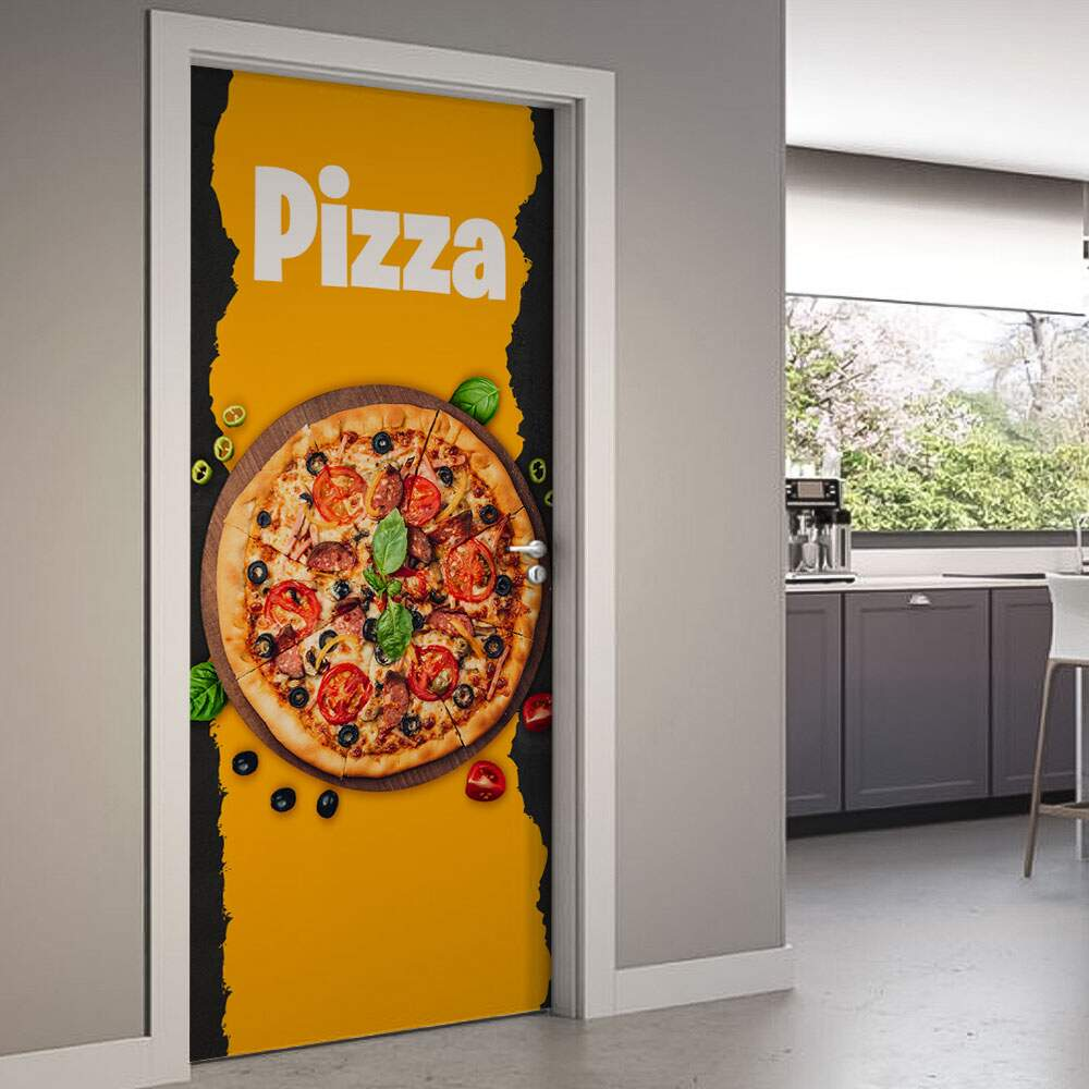 Adesivo de Porta Pizza Fundo Laranja e Preto-83X210Cm Adesivo de Porta Pizza Fundo Laranja e Preto-83X210Cm