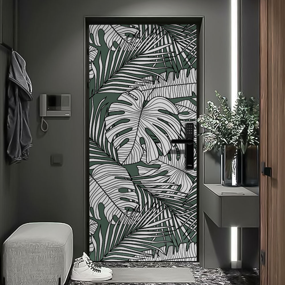 Adesivo de Porta Folhas Tropicais Verdes-93X210Cm Adesivo de Porta Folhas Tropicais Verdes-93X210Cm