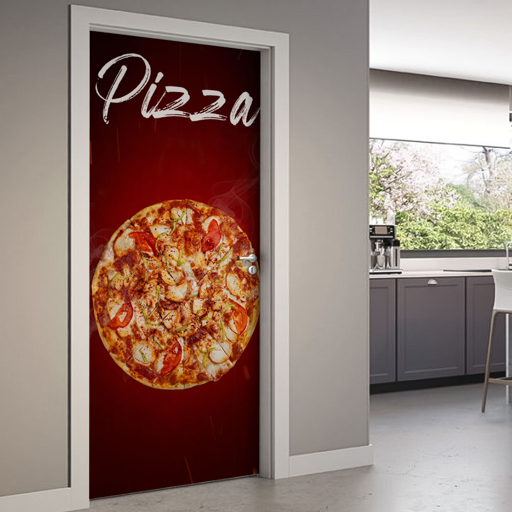 Adesivo de Porta Pizza Fundo Vermelho-63X210Cm