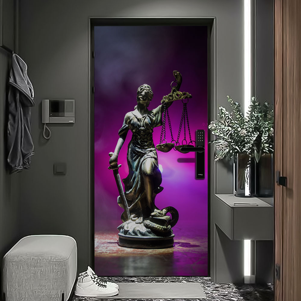 Adesivo de Porta Estatua Símbolo Advogacia Fundo Roxo-63X210Cm Adesivo de Porta Estatua Símbolo Advogacia Fundo Roxo-63X210Cm