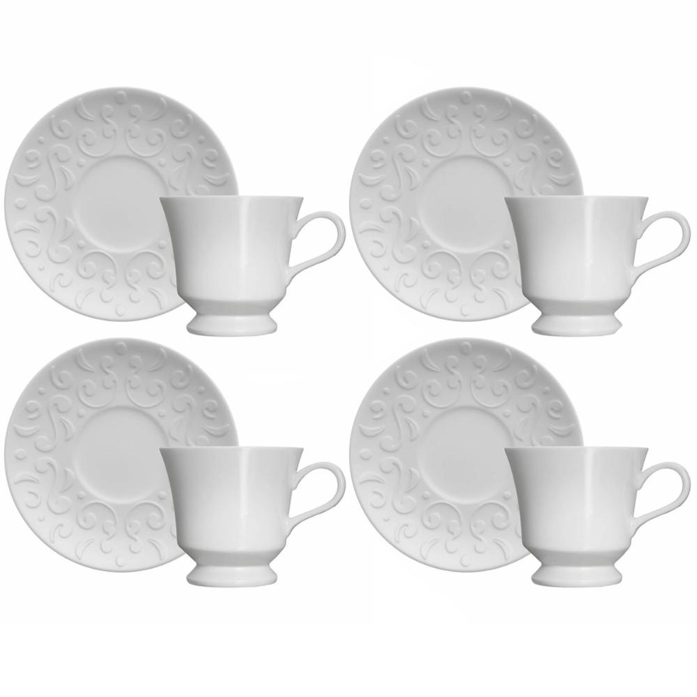 Conjunto 4 Xícaras de Café com Pires 80ml Porcelana em Relevo Tassel Germer Branco Conjunto 4 Xícaras de Café com Pires 80ml Porcelana em Relevo Tassel Germer Branco