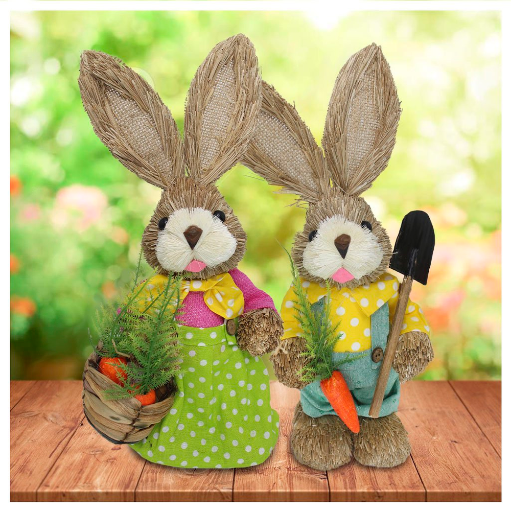Casal De Coelhos De Palha Páscoa Decoração Enfeite Coelhinhos 34cm Casal De Coelhos De Palha Páscoa Decoração Enfeite Coelhinhos 34cm