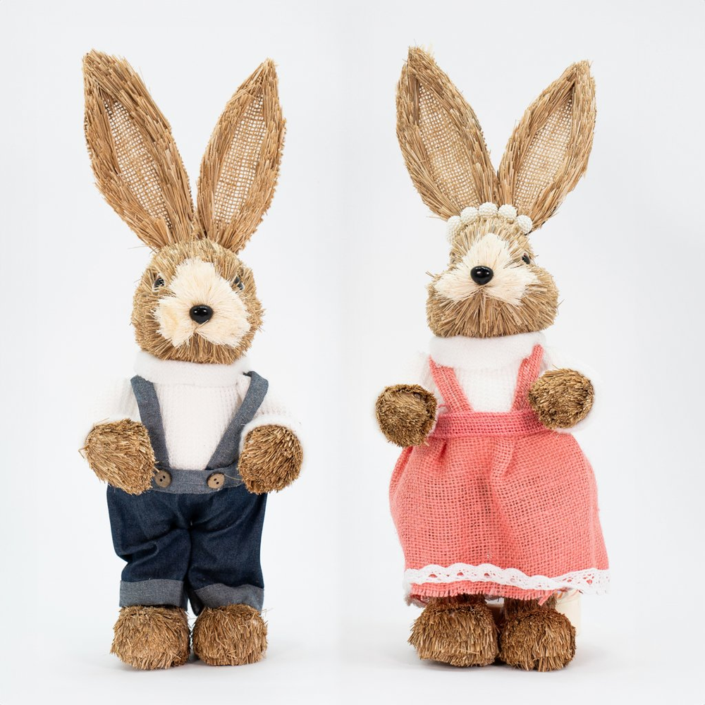Casal De Coelhos De Páscoa Decoração em Palha Coelhinhos 39cm Casal De Coelhos De Páscoa Decoração em Palha Coelhinhos 39cm