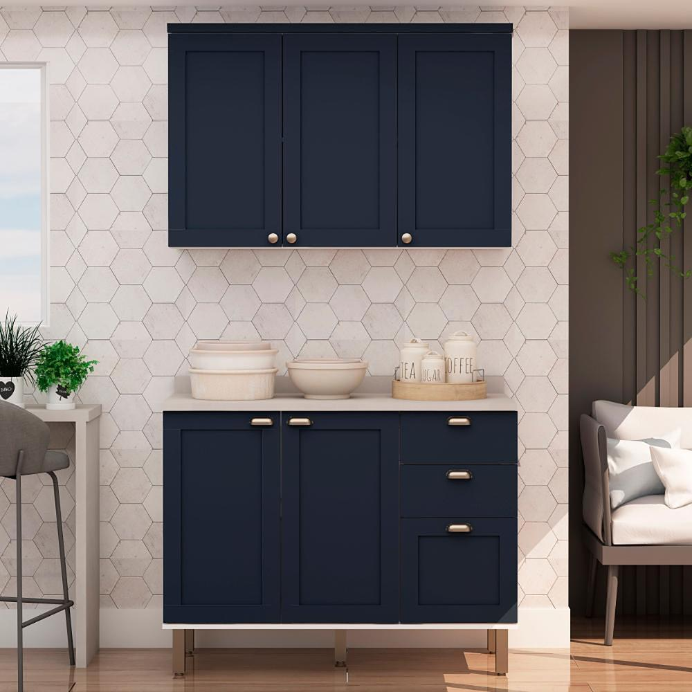 Armário de Cozinha Genialflex 2 Peças Com Tampo Branco Azul Armário de Cozinha Genialflex 2 Peças Com Tampo Branco Azul