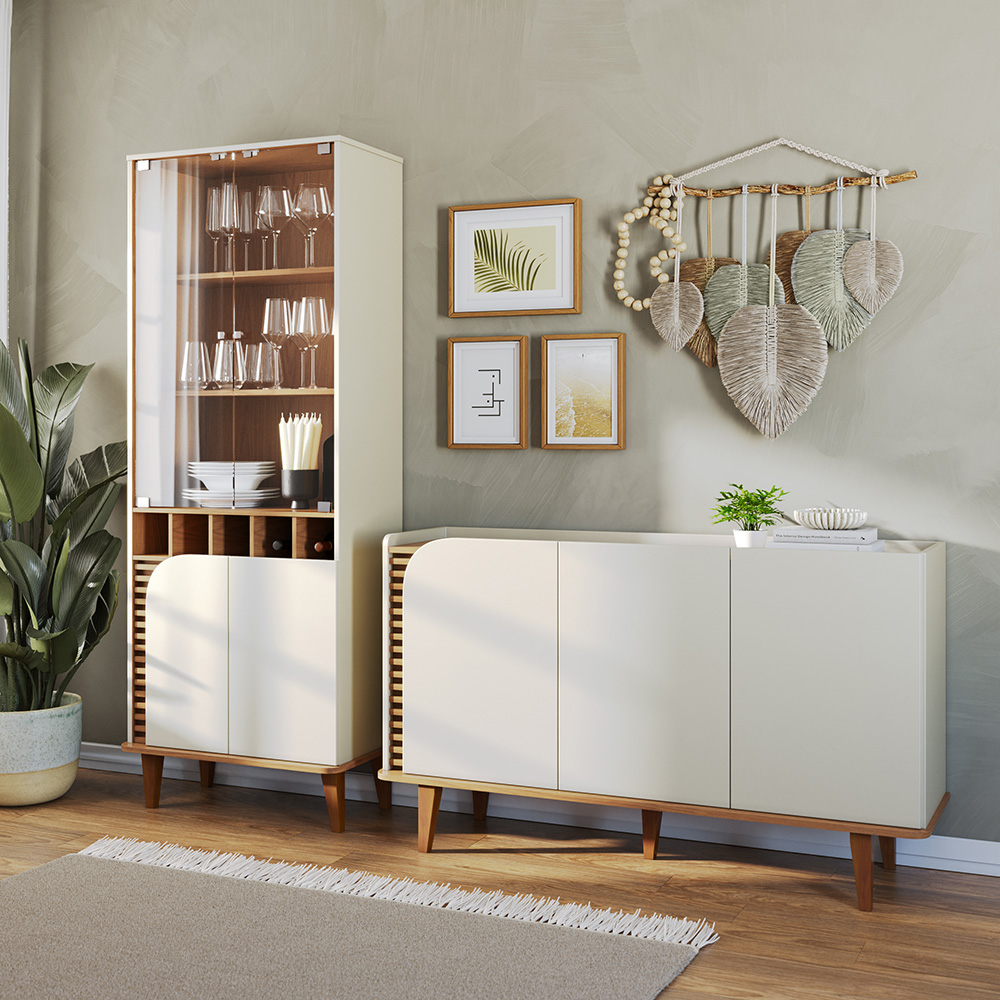 Conjunto Buffet e Cristaleira Decorativa Sala de Estar Versátil Village Pés de Madeira Off-White/ Freijó G73 - Gran Belo Conjunto Buffet e Cristaleira Decorativa Sala de Estar Versátil Village Pés de Madeira Off-White/ Freijó G73 - Gran Belo