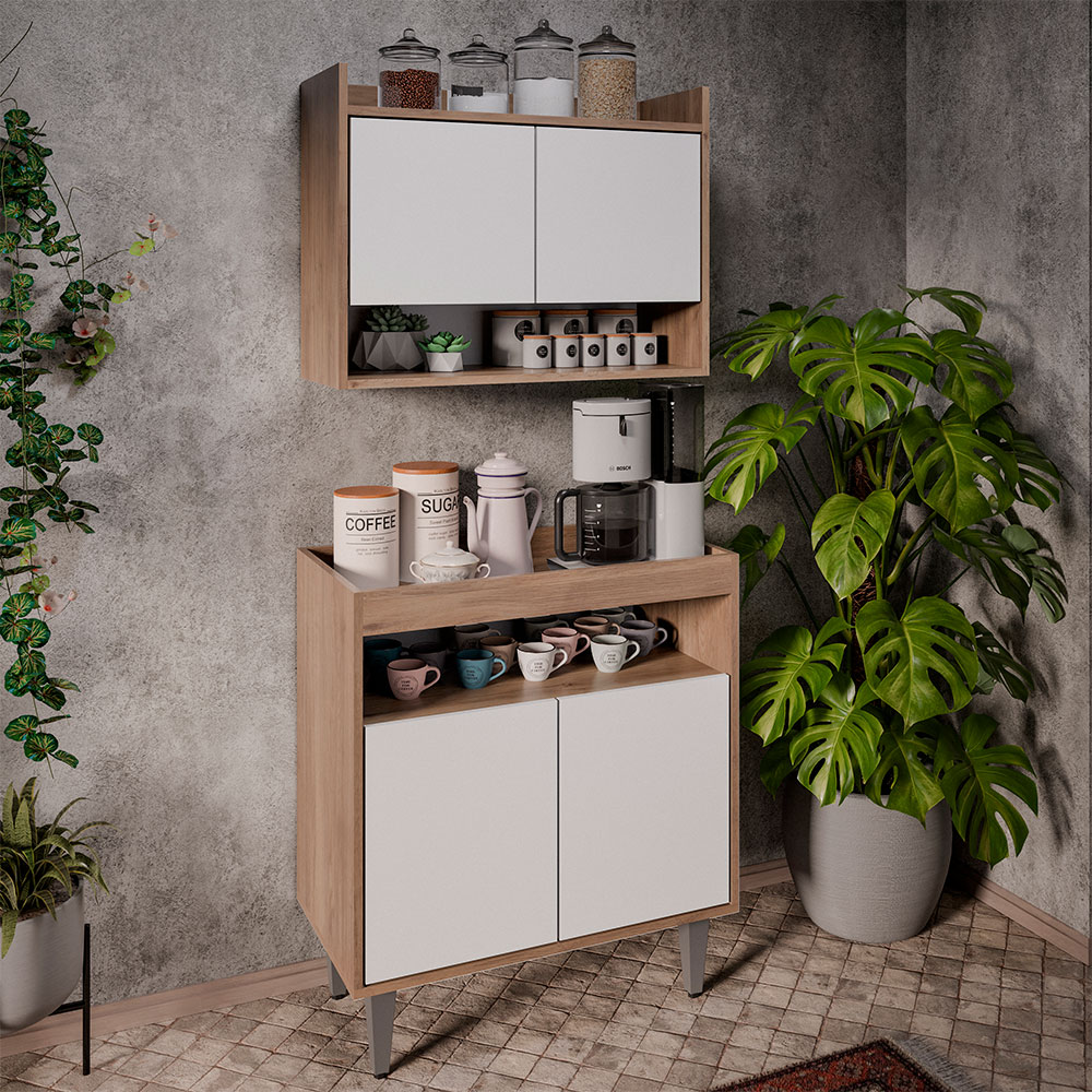 Conjunto Armário Cantinho do Café Chico 2 Portas com Aéreo Freijó/Branco G96 - Gran Belo