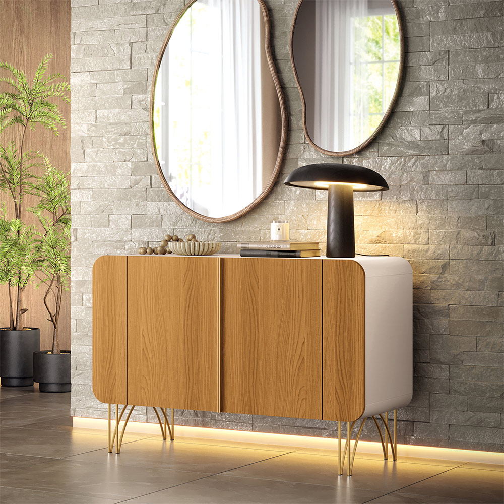 Buffet Benvenuto MDP/MDF Decorativo Sala de Estar com Pés em Aço Off White/Cinamomo G26 - Hb Móveis Buffet Benvenuto MDP/MDF Decorativo Sala de Estar com Pés em Aço Off White/Cinamomo G26 - Hb Móveis