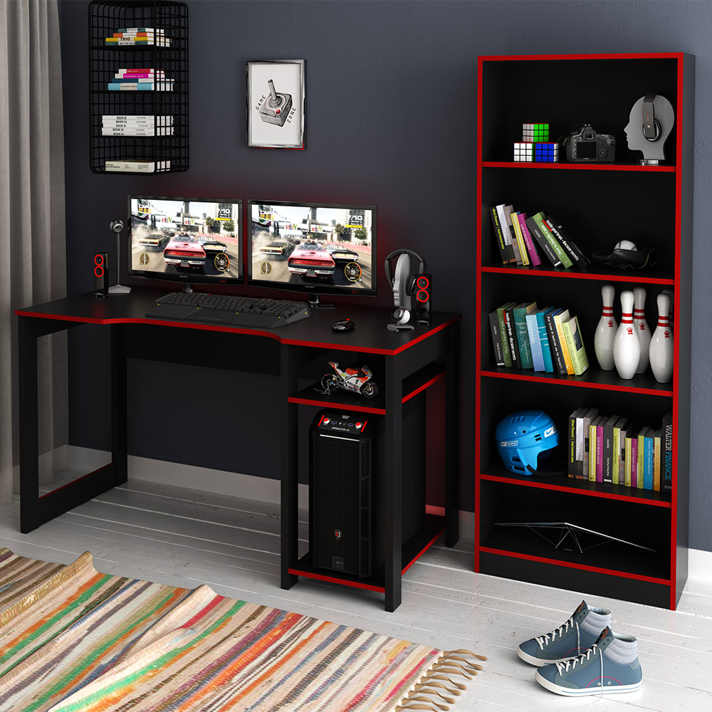Conjunto Mesa e Armário para Escritório Home Office Gamer Cool MDP Preto/Vermelho G69 - Gran Belo Conjunto Mesa e Armário para Escritório Home Office Gamer Cool MDP Preto/Vermelho G69 - Gran Belo