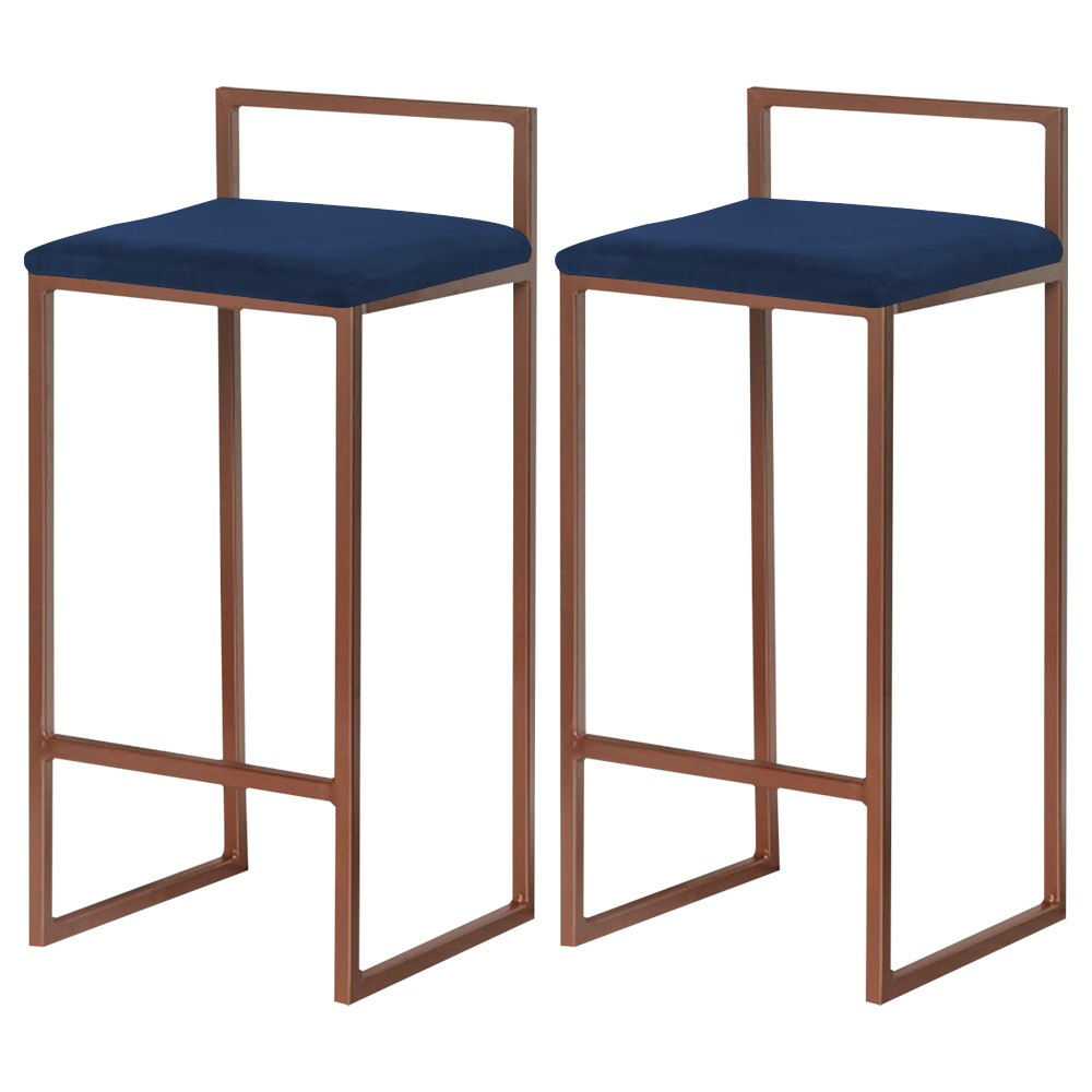 Kit 2 Banquetas Decorativa Jasmine Base Bronze Veludo Azul G41 - Gran Belo Kit 2 Banquetas Decorativa Jasmine Base Bronze Veludo Azul G41 - Gran Belo