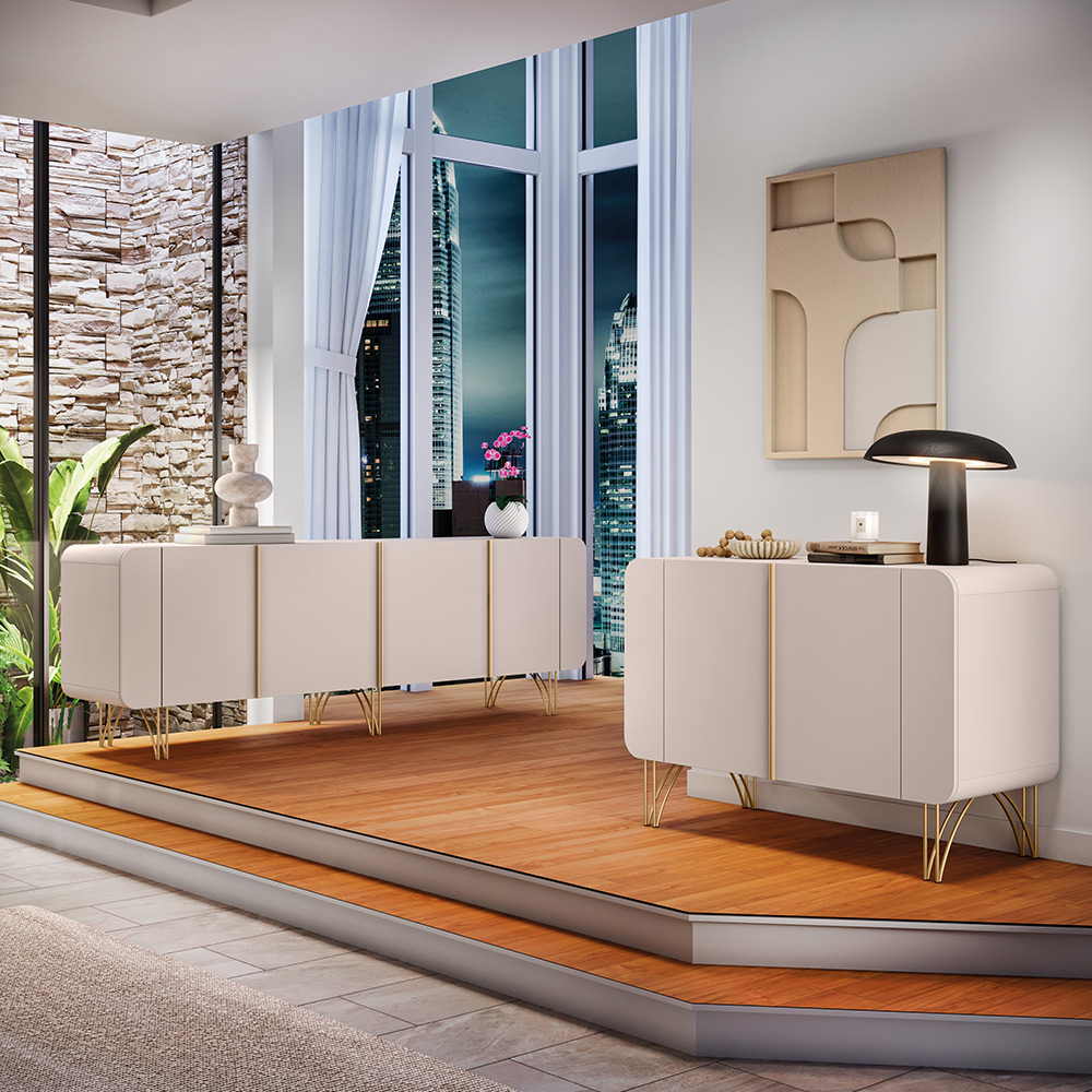 Conjunto Buffets Sala de Estar Benvenuto/Saluti MDP/MDF Pés em Aço Off White G26 - HB Móveis Conjunto Buffets Sala de Estar Benvenuto/Saluti MDP/MDF Pés em Aço Off White G26 - HB Móveis