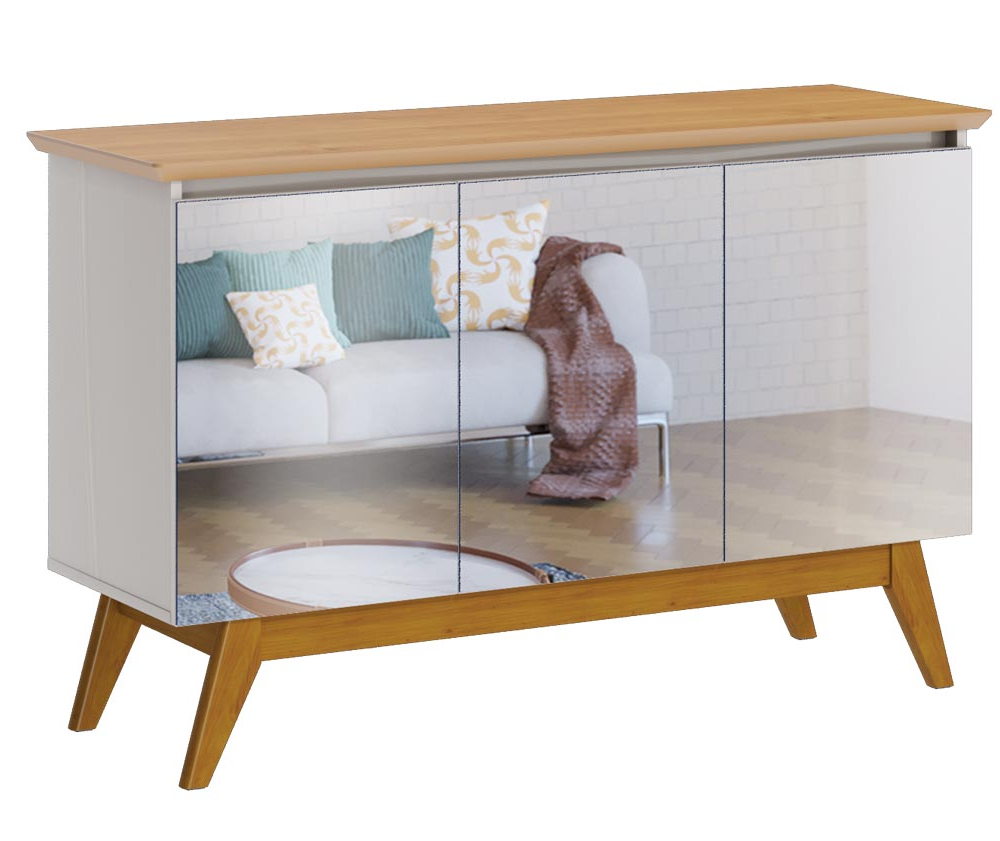 Buffet Classic 3 Portas Off White com Nature e Espelho - Imcal Móveis Buffet Classic 3 Portas Off White com Nature e Espelho - Imcal Móveis