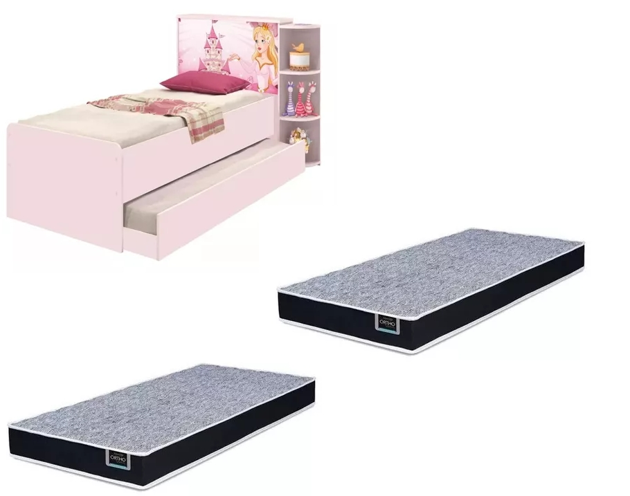 Base Cama Baú Solteiro Princesas Rosa Bicama Multiuso com Base Auxiliar e 03 Prateleiras + 2 Colchão De Espuma D28 Base Cama Baú Solteiro Princesas Rosa Bicama Multiuso com Base Auxiliar e 03 Prateleiras + 2 Colchão De Espuma D28