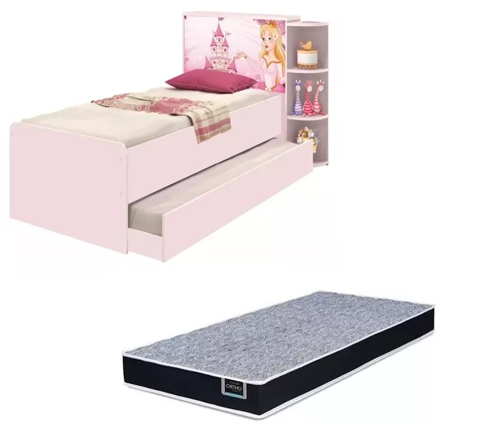Base Cama Baú Solteiro Princesas Rosa Bicama Multiuso com Base Auxiliar e 03 Prateleiras + Colchão De Espuma D28 Base Cama Baú Solteiro Princesas Rosa Bicama Multiuso com Base Auxiliar e 03 Prateleiras + Colchão De Espuma D28