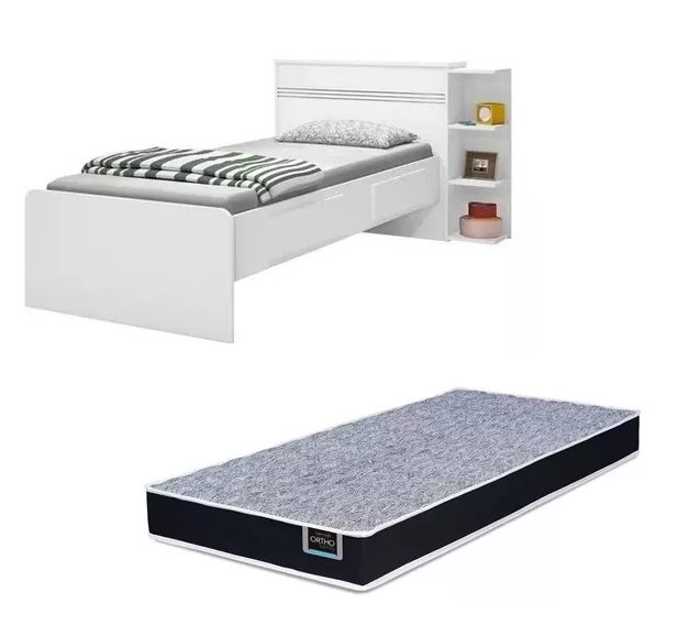 Base Cama Baú Solteiro Branca Multiuso Com 2 Gavetas e 3 Prateleiras + 1 Colchão De Espuma D28 - 188X88 Base Cama Baú Solteiro Branca Multiuso Com 2 Gavetas e 3 Prateleiras + 1 Colchão De Espuma D28 - 188X88