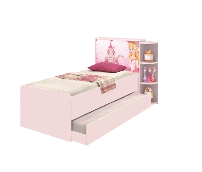 Base Cama Baú Solteiro Princesas Rosa Bicama Multiuso com Base Auxiliar e 03 Prateleiras - 88x188 Base Cama Baú Solteiro Princesas Rosa Bicama Multiuso com Base Auxiliar e 03 Prateleiras - 88x188