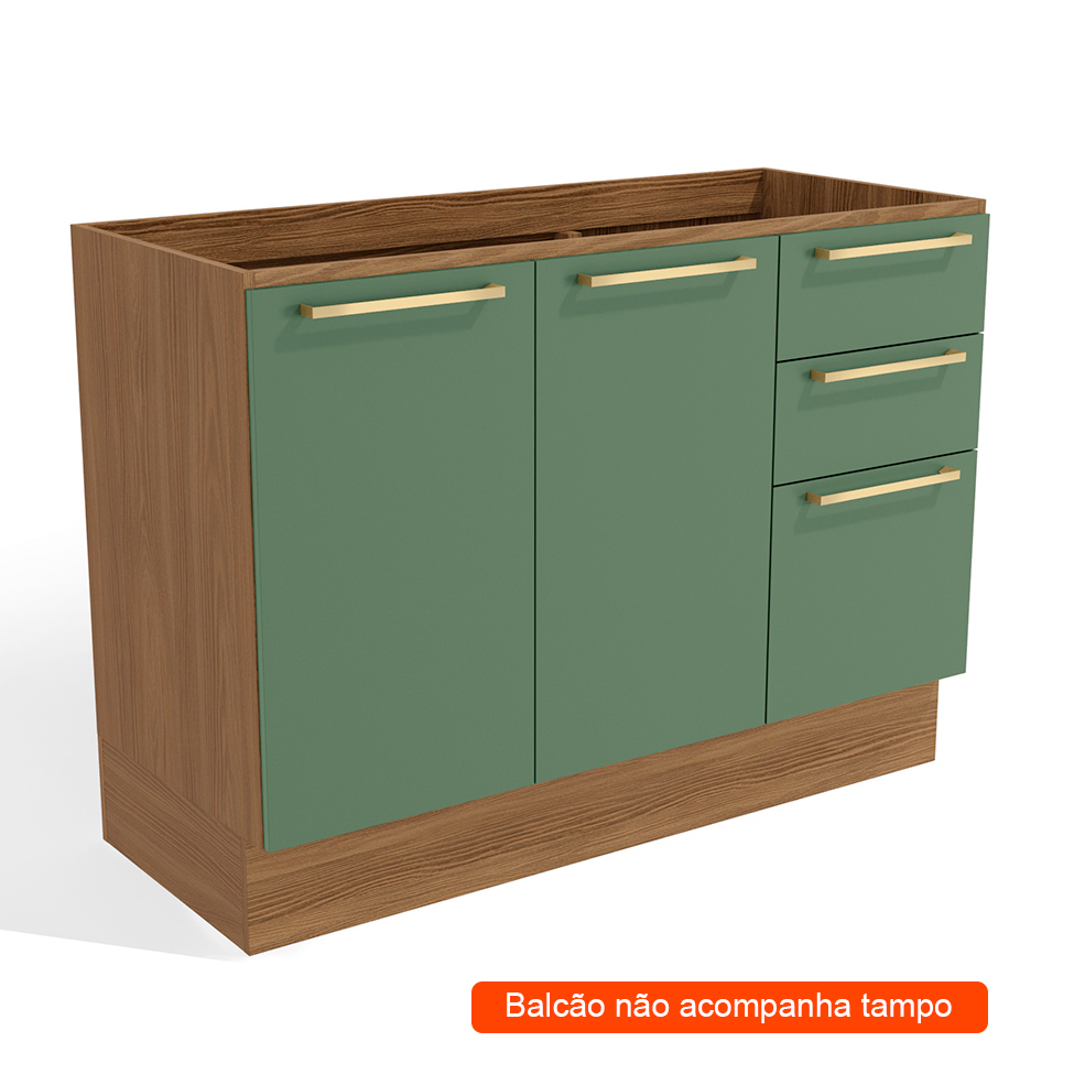 Balcão de Cozinha Botanic 2 Portas 3 Gavetas Nogueira e Verde Oliva