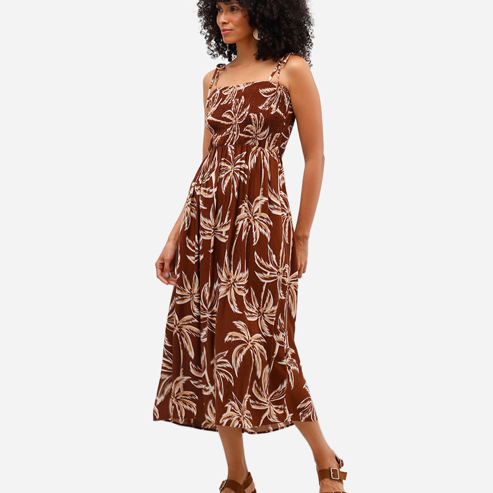 Vestido midi feminino de viscose com lastex folhagens marrom Vestido midi feminino de viscose com lastex folhagens marrom