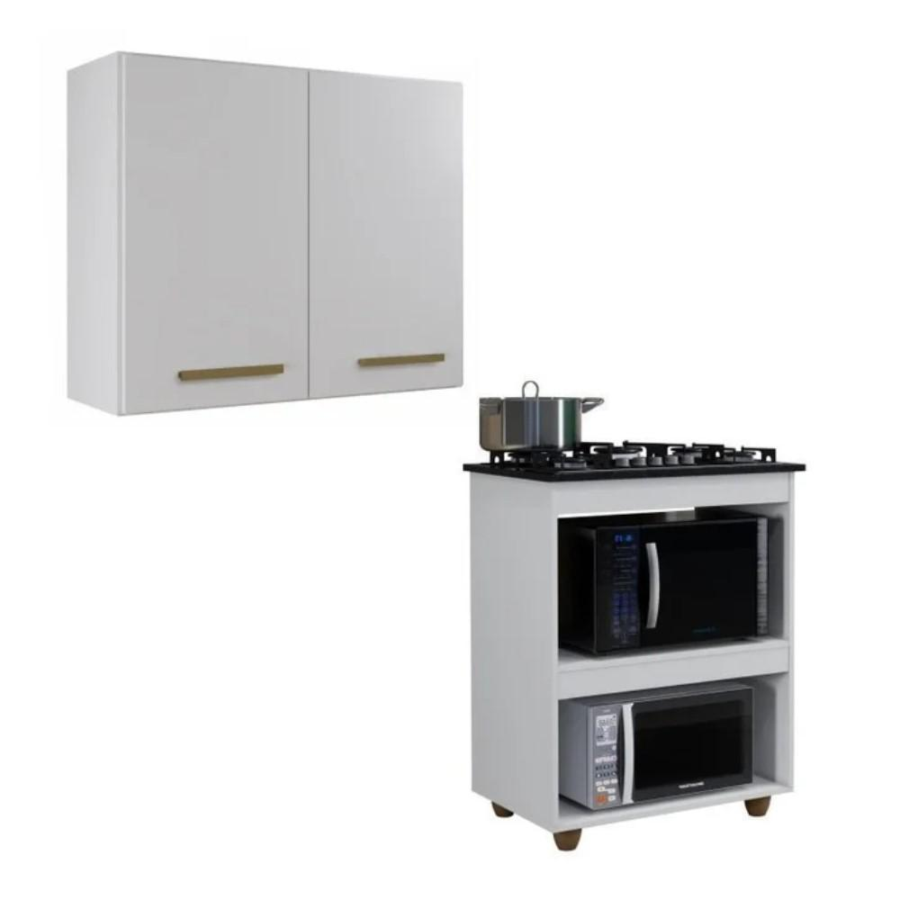 Conjunto Armário Aéreo 2 Portas e Balcão para Cooktop 5 Bocas Branco Conjunto Armário Aéreo 2 Portas e Balcão para Cooktop 5 Bocas Branco