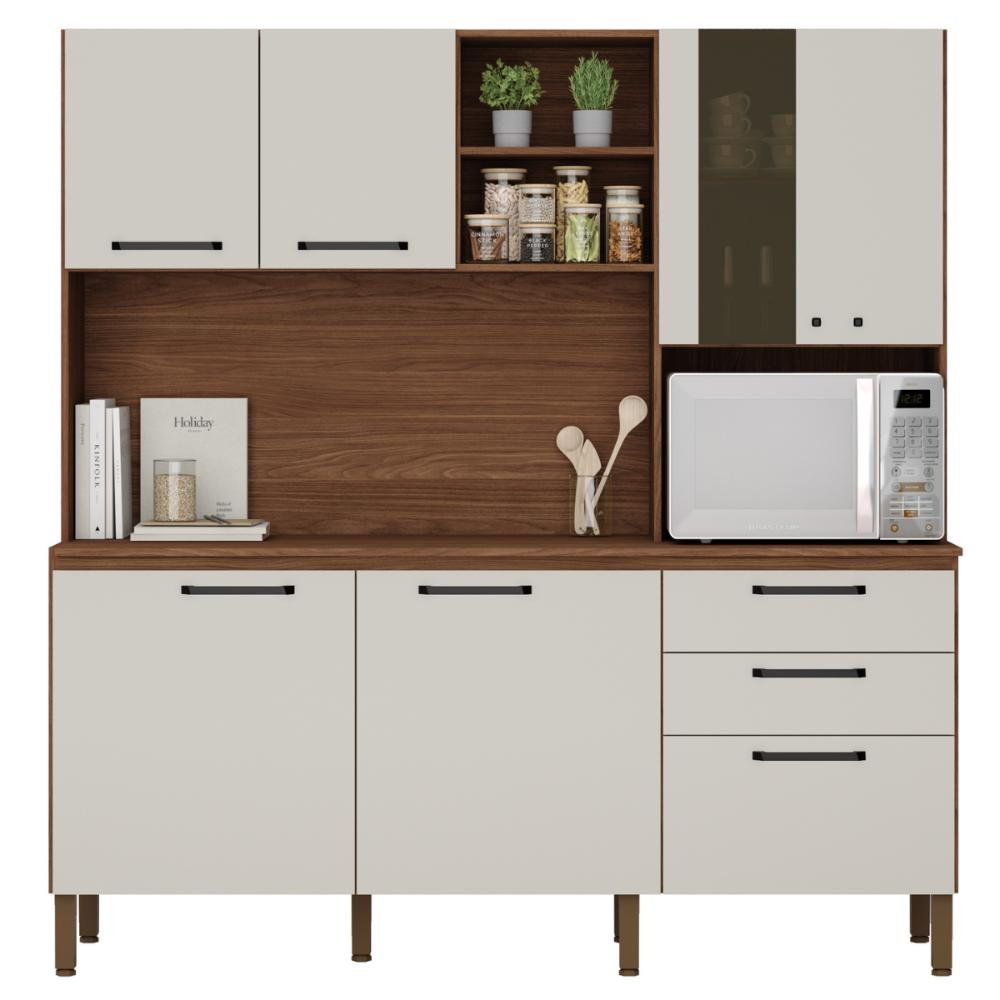 Kit de Cozinha com Tampo Lyon Nogueira Off White Kit de Cozinha com Tampo Lyon Nogueira Off White