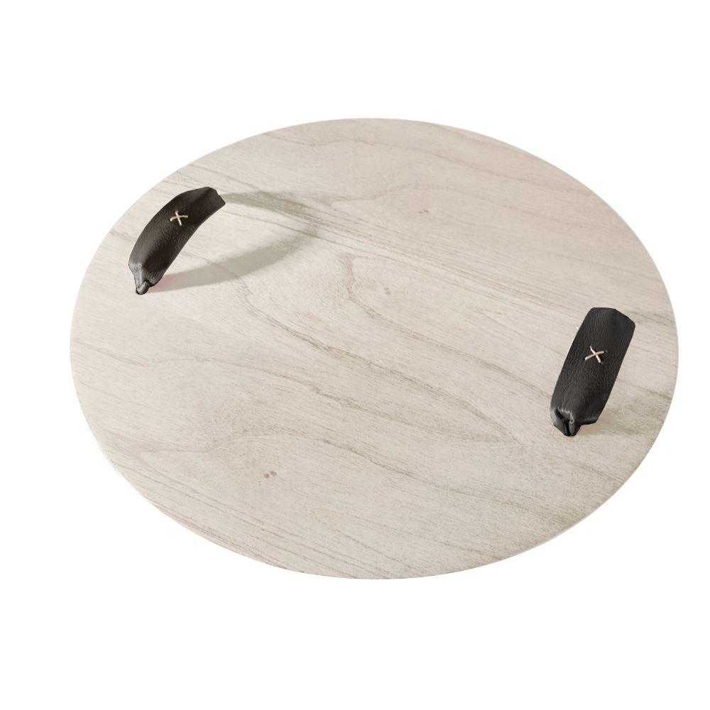 Bandeja Redonda Maré MDF Laminado Ártico com Alça em Couro Preto Bandeja Redonda Maré MDF Laminado Ártico com Alça em Couro Preto