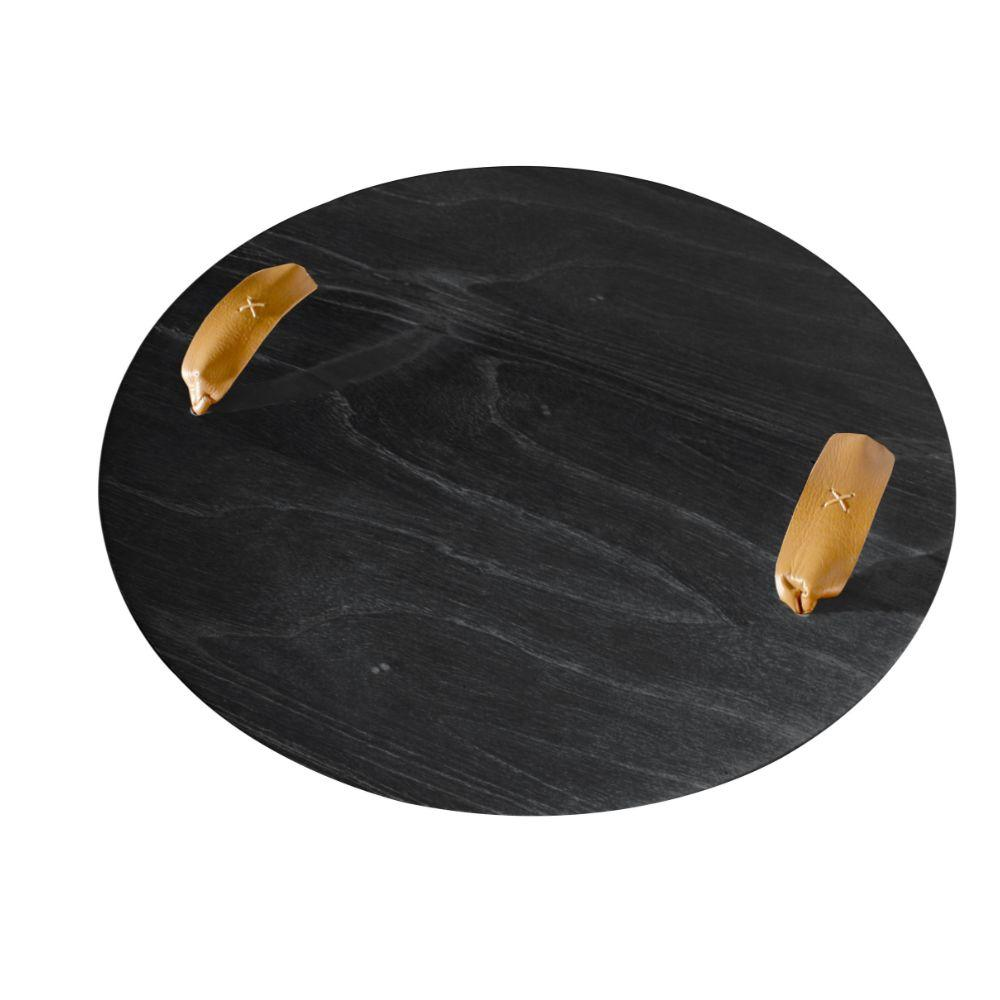 Bandeja Redonda Maré MDF Laminado Ébano com Alça em Couro Marrom Bandeja Redonda Maré MDF Laminado Ébano com Alça em Couro Marrom