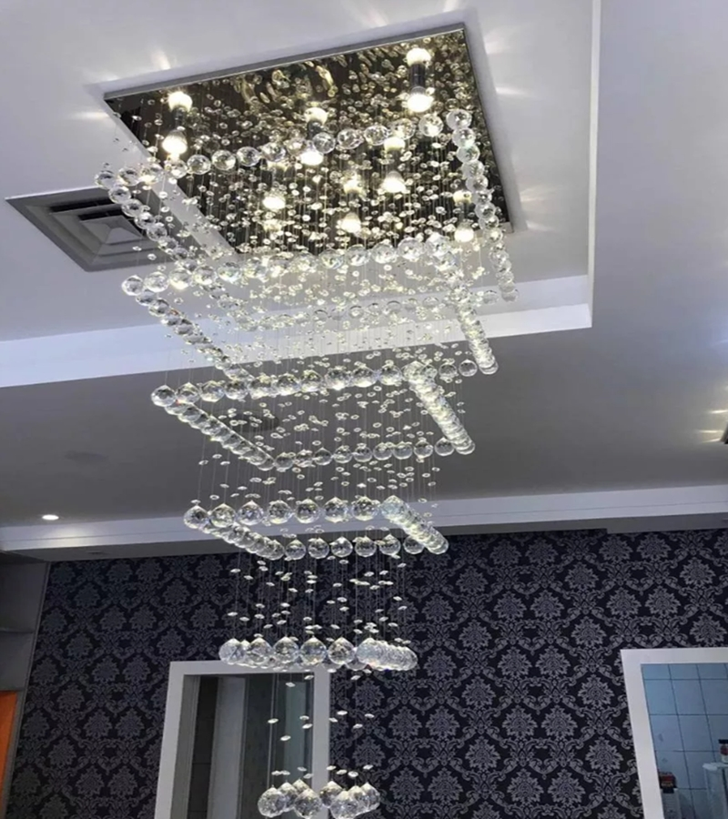 Lustre de Cristais Inox Espelhado para Salão de Festas e Vão de Escadas 440 cm