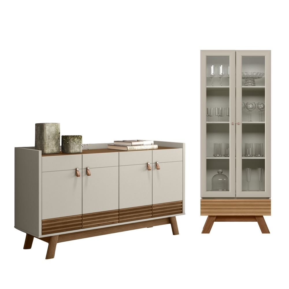 Conjunto Buffet e Cristaleira com Ripas Dock Freijo Off White Conjunto Buffet e Cristaleira com Ripas Dock Freijo Off White