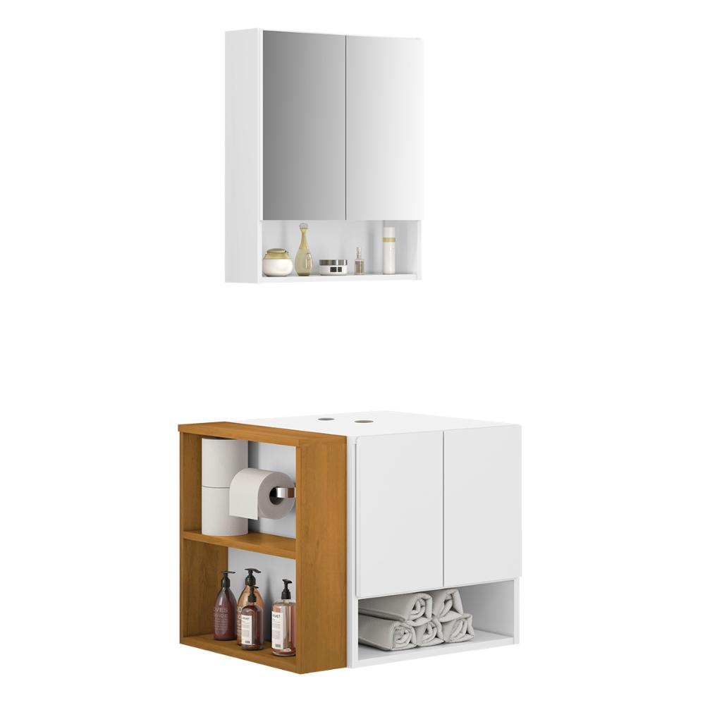 Gabinete Armario Troia Banheiro Com Espelheira e Papeleira Branco/Naturale Gabinete Armario Troia Banheiro Com Espelheira e Papeleira Branco/Naturale