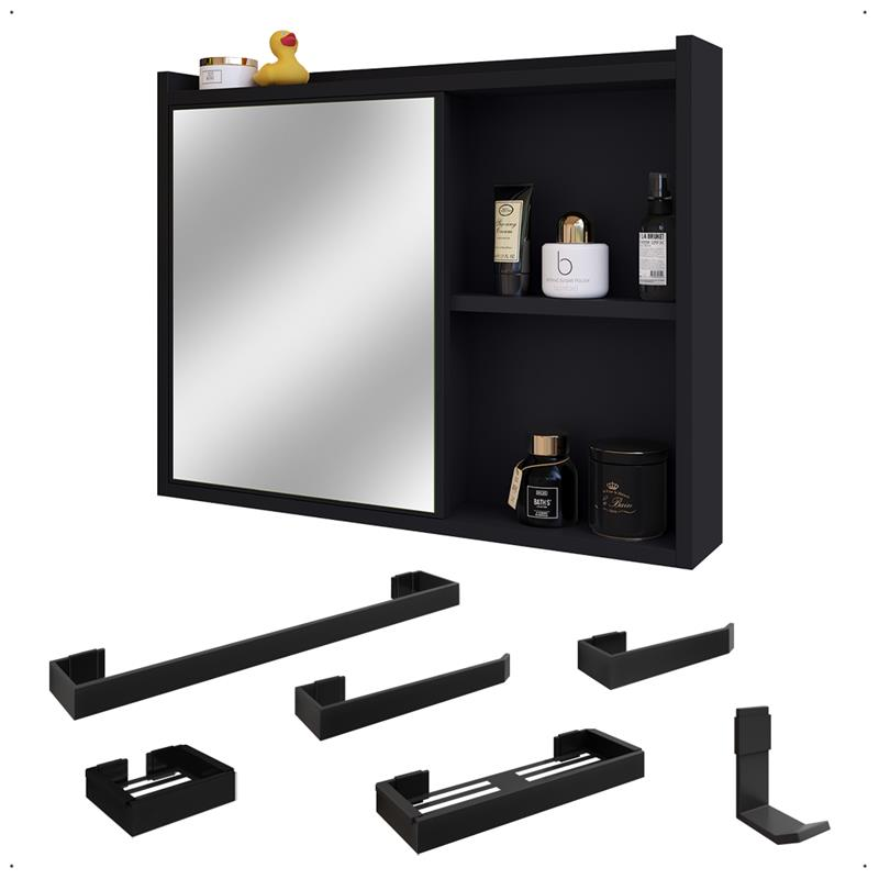 Espelheira Suspensa Armário Banheiro Prateleira Organizadora Kit Acessórios Lavabo 6 Peças Resistente Premium - Preto - RPM Espelheira Suspensa Armário Banheiro Prateleira Organizadora Kit Acessórios Lavabo 6 Peças Resistente Premium - Preto - RPM