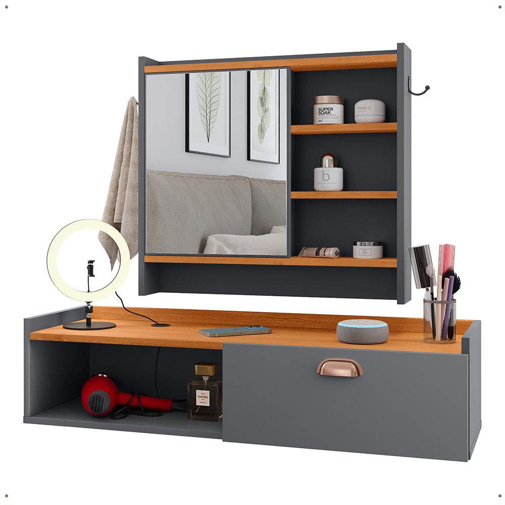 Kit Espelheira Genova Prateleira Porta Itens Banheiro Rack Suspenso Classic Puxador Concha Multiuso Sala Quarto Cinza/Cinamomo - Lojas RPM Kit Espelheira Genova Prateleira Porta Itens Banheiro Rack Suspenso Classic Puxador Concha Multiuso Sala Quarto Cinza/Cinamomo - Lojas RPM