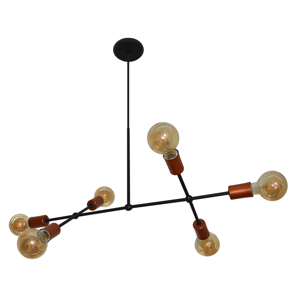 Lustre Luminária Pendente Com 6 Braços (hastes) - Ideal Mesa De Jantar Retangular, Sala - Cor Preto com Cobre Lustre Luminária Pendente Com 6 Braços (hastes) - Ideal Mesa De Jantar Retangular, Sala - Cor Preto com Cobre
