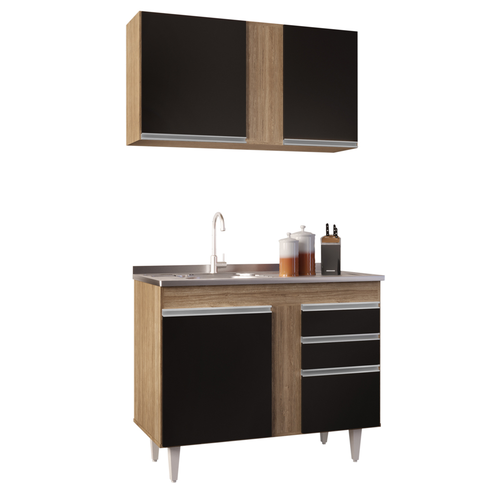 Armário Aéreo Indiana e Balcão Gabinete 100cm com Pia Inox Luziania Castanho/Preto - Lumil Armário Aéreo Indiana e Balcão Gabinete 100cm com Pia Inox Luziania Castanho/Preto - Lumil