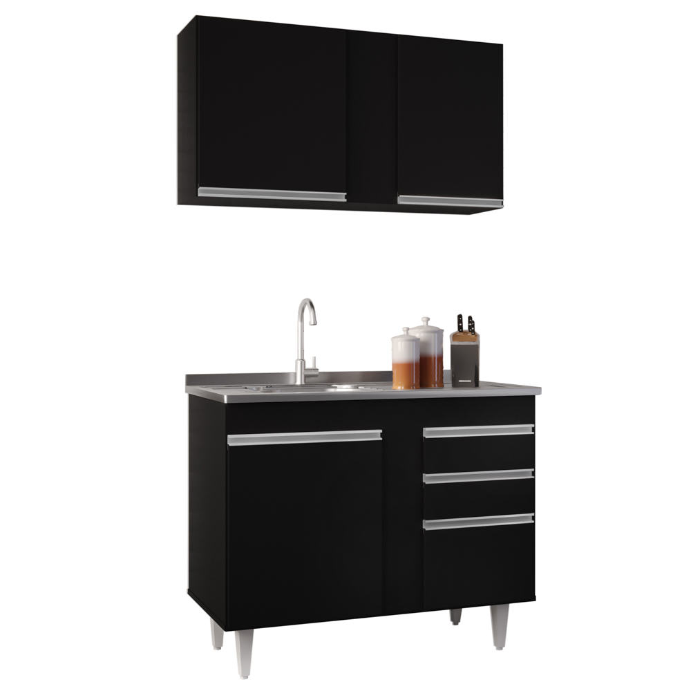Armário Aéreo Indiana e Balcão Gabinete 100cm com Pia Inox Luziania Preto - Lumil Armário Aéreo Indiana e Balcão Gabinete 100cm com Pia Inox Luziania Preto - Lumil