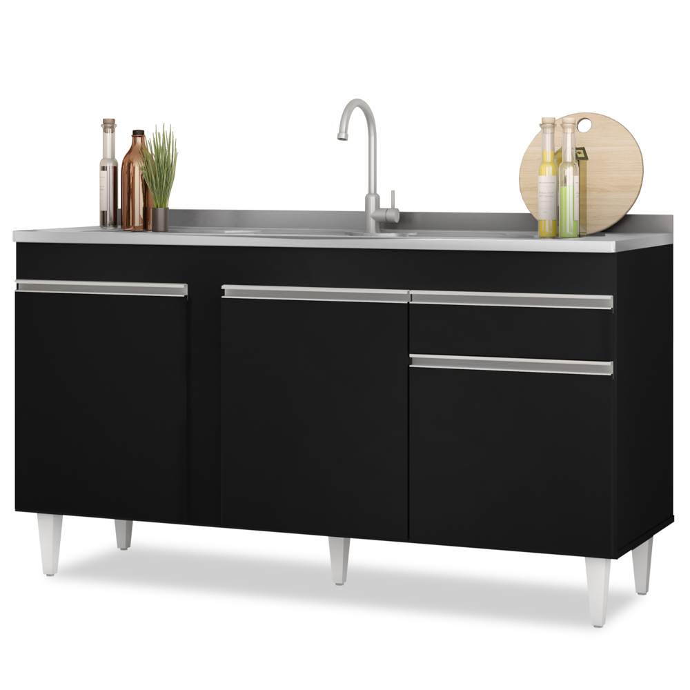 Balcão Gabinete com Pia Inox 150cm 3 Portas 1 Gaveta Dakota Preto - Lumil Balcão Gabinete com Pia Inox 150cm 3 Portas 1 Gaveta Dakota Preto - Lumil