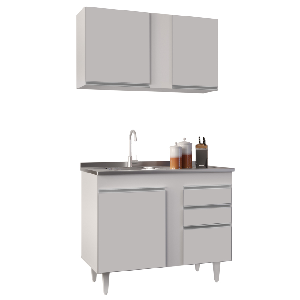 Armário Aéreo Indiana e Balcão Gabinete 100cm com Pia Inox Luziania Branco - Lumil Armário Aéreo Indiana e Balcão Gabinete 100cm com Pia Inox Luziania Branco - Lumil
