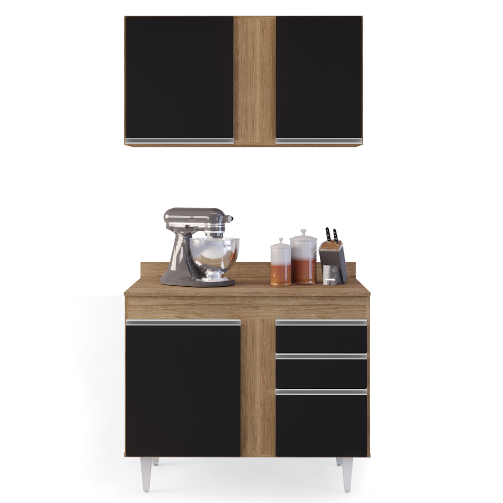 Armário Aéreo Indiana e Balcão Gabinete 100cm Luziania Castanho/Preto - Lumil Móveis Armário Aéreo Indiana e Balcão Gabinete 100cm Luziania Castanho/Preto - Lumil Móveis
