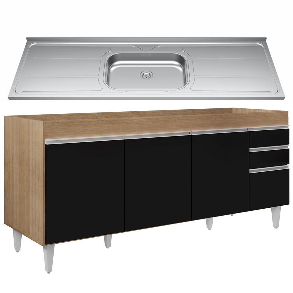 Balcão Gabinete Com Pia 180cm Dallas Castanho/Preto - Lumil